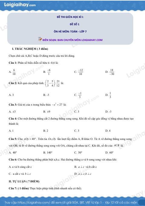 Đề thi giữa kì 1 Toán 7 - Đề số 1 - Kết nối tri thức